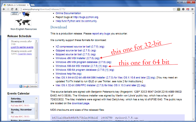 List of Python installers on the official website.